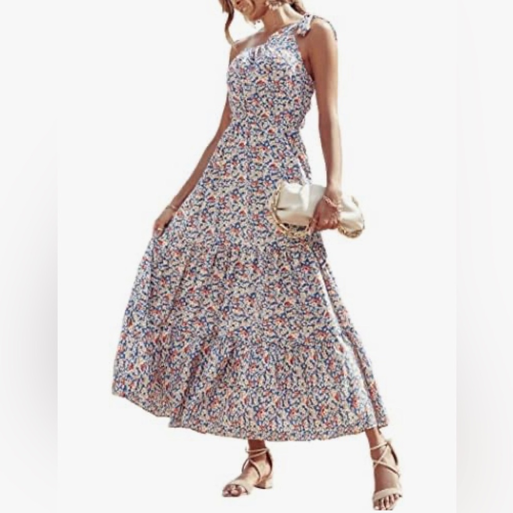 Prettygarden Blue Floral Tiered Knot One Shoulder Maxi Dress - Picture 8 of 10